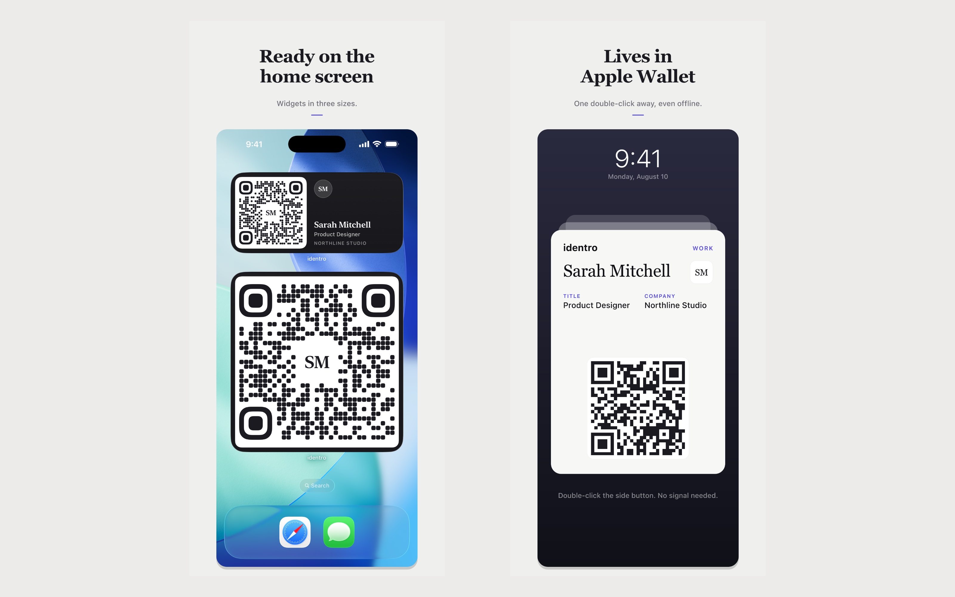 identro on the home screen and in Apple Wallet: widgets in three sizes and a real signed pass